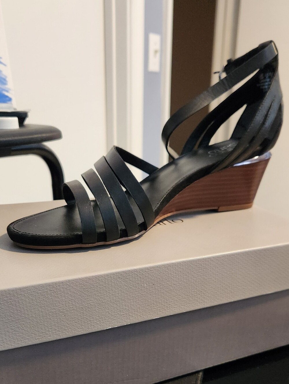 Franco Sarto Black Strappy Wedge Sandal with Brown Stacked Heel